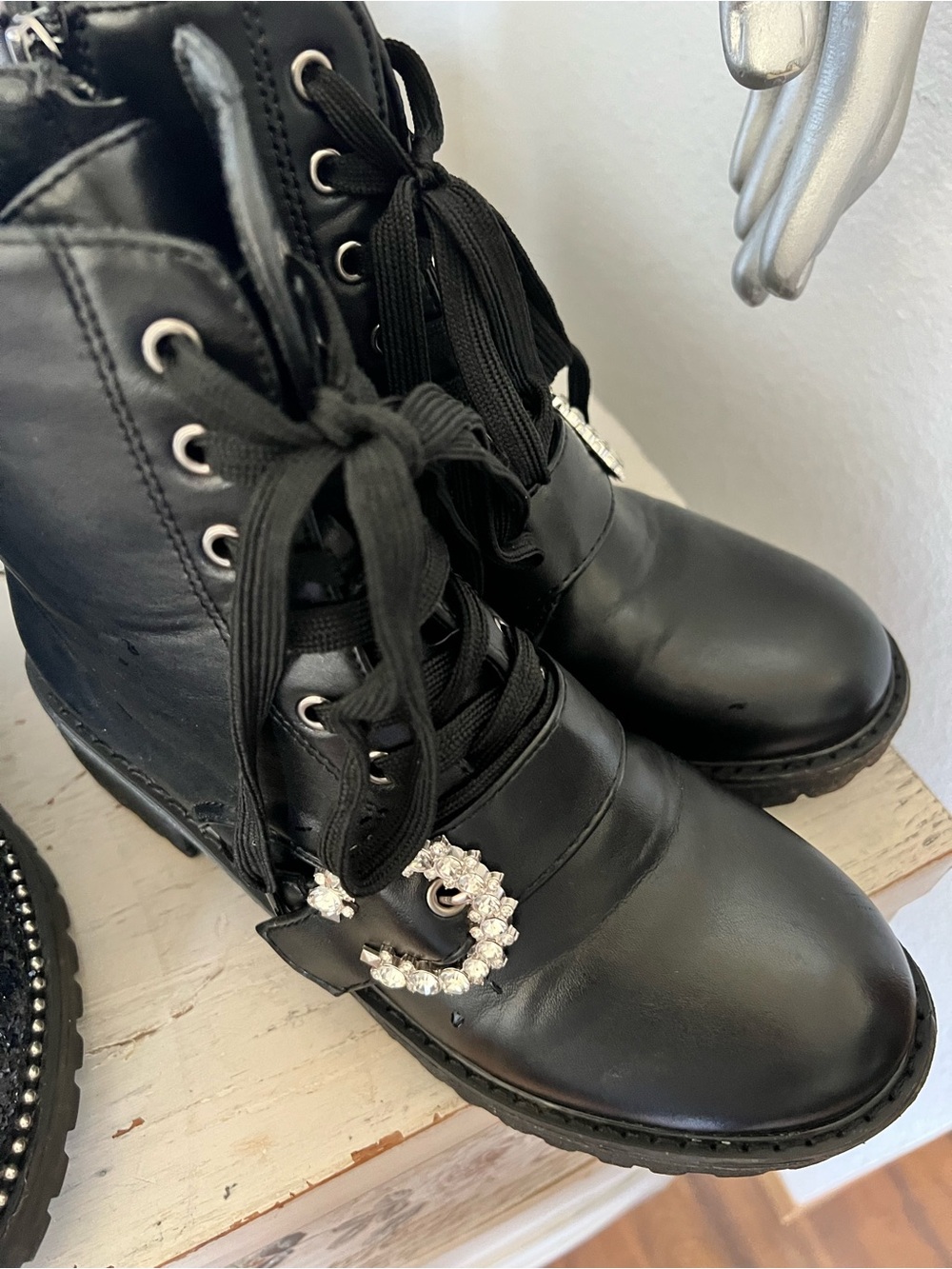 C Wonder black Faux leather combat chunky boots Rhinestone accent sz 6.5
